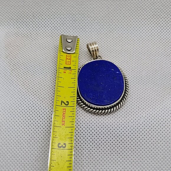Large Oval Lapis Lazuli Gemstone Pendant Sterling Silver Rope Border - Picture 3 of 7